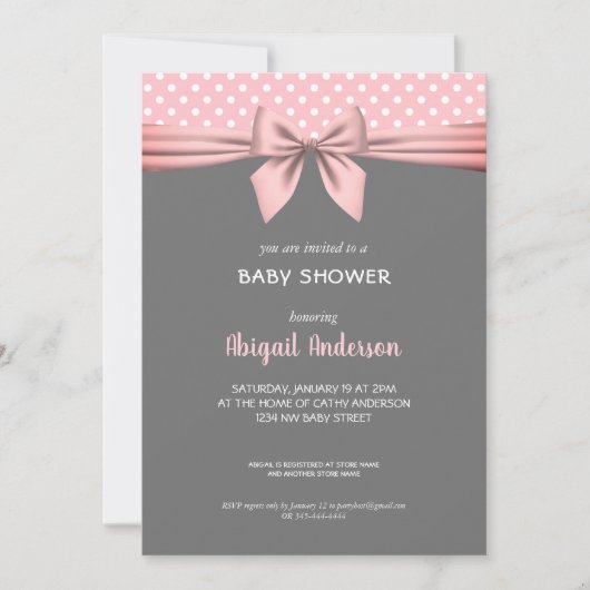 Blush roze en grijs Polka Dot Bow Baby shower Kaart (Voorkant)