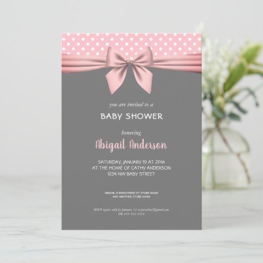 Blush roze en grijs Polka Dot Bow Baby shower Kaart (Staand voorkant)