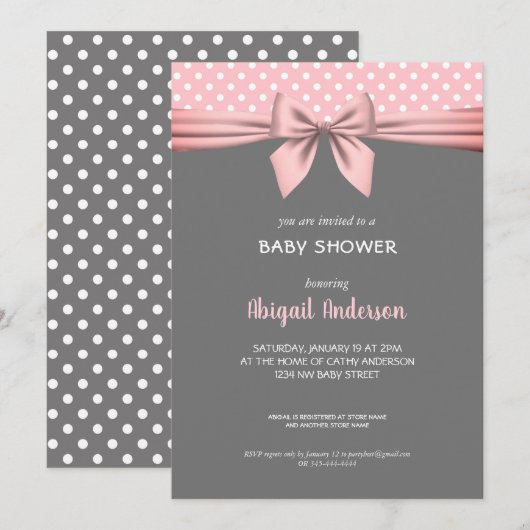 Blush roze en grijs Polka Dot Bow Baby shower Kaart (Voorkant / Achterkant)