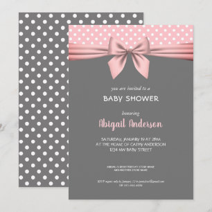 Blush roze en grijs Polka Dot Bow Baby shower Kaart