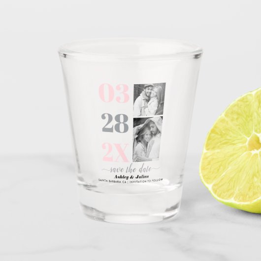 Blush roze en grijs twee foto Save the Date Shot Glas (Voorkant)