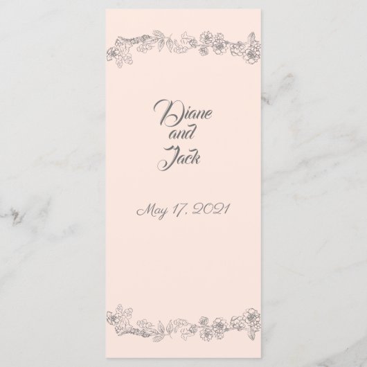 Blush roze en grijze bruiloft menu (Achterkant)