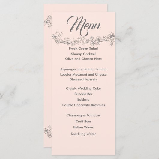 Blush roze en grijze bruiloft menu (Voorkant / Achterkant)