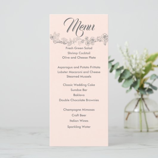 Blush roze en grijze bruiloft menu (Staand voorkant)