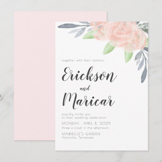 Blush Roze en grijze Floral | Uitnodiging tot wedd (Voorkant / Achterkant)