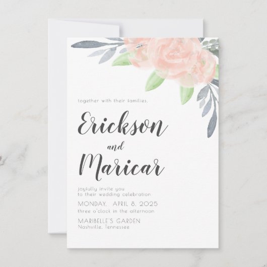 Blush Roze en grijze Floral | Uitnodiging tot wedd (Voorkant)