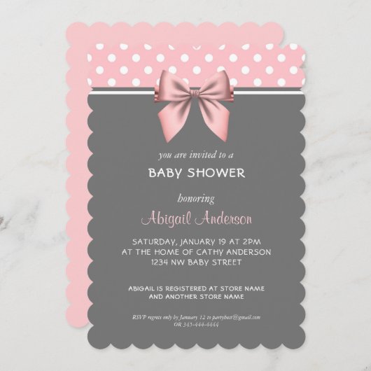 Blush roze en grijze pols Dot Bow Baby shower Invi Kaart (Voorkant / Achterkant)