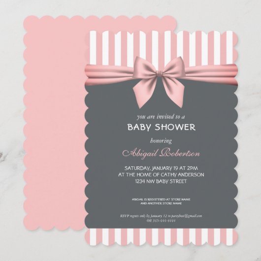 Blush roze en grijze strepen Baby shower Invita Kaart (Voorkant / Achterkant)