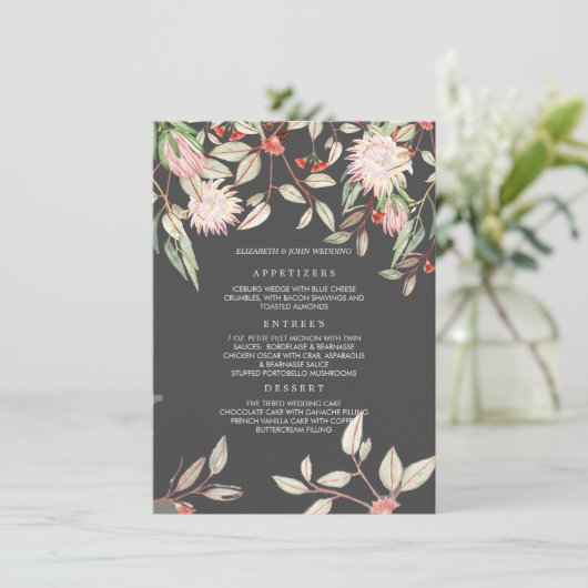 Blush roze en grijze tegenstrijdige bloemen Wedden Menu (Staand voorkant)