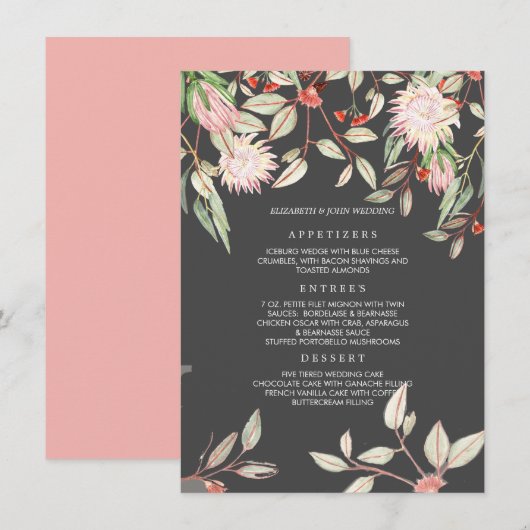 Blush roze en grijze tegenstrijdige bloemen Wedden Menu (Voorkant / Achterkant)