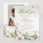 Blush roze en groene bloemen doop foto bedankkaart (Voorkant / Achterkant)