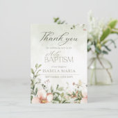 Blush roze en groene bloemen doop foto bedankkaart (Staand voorkant)