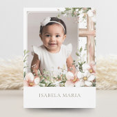 Blush roze en groene bloemen doop foto bedankkaart