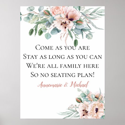 Blush roze en ivoor geen seatingplan bruiloft bord poster (Voorkant)