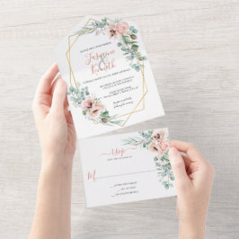 Blush roze en ivoren geometric Floral Wedding All In One Uitnodiging