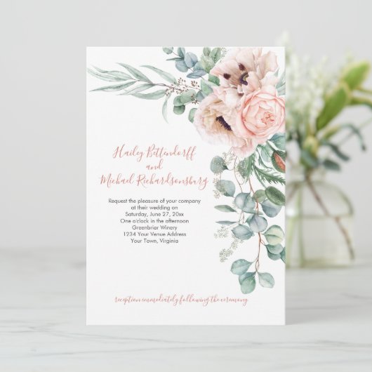 Blush Roze en ivoren papaver Eucalyptus Greenery Kaart (Staand voorkant)