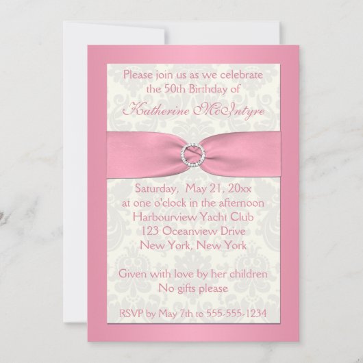 Blush Roze en Ivory Damask 50th Birthday Invite Kaart (Voorkant)