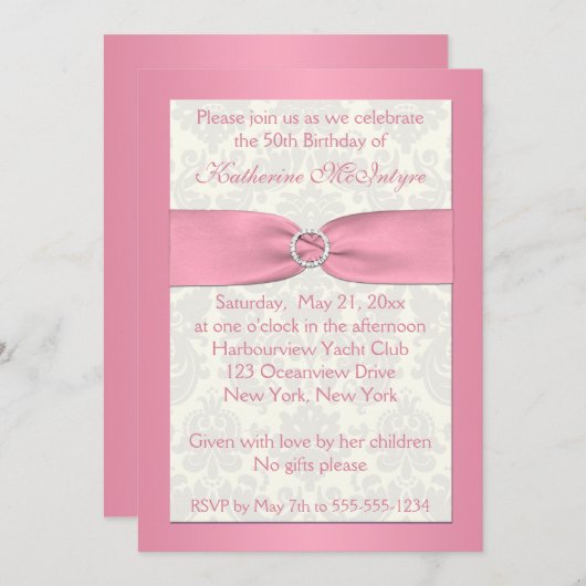 Blush Roze en Ivory Damask 50th Birthday Invite Kaart (Voorkant / Achterkant)