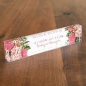 Blush roze en koraal rode bloemen boutique manager naambordje (Zijkant)