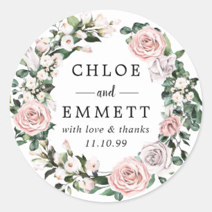 Blush roze en lavendel Roos krans bruiloft gunst Ronde Sticker