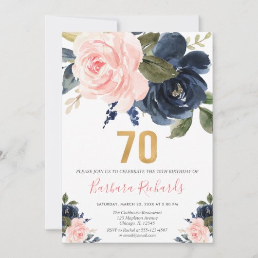 Blush roze en marineblauw florale 70e verjaardag kaart (Voorkant)