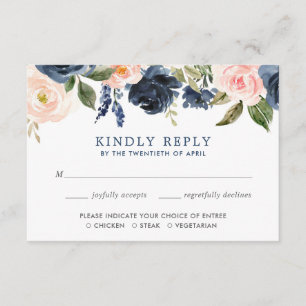 Blush roze en marineblauw florale waterverven RSVP Informatiekaartje