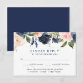 Blush roze en marineblauw florale waterverven RSVP Informatiekaartje (Voorkant / Achterkant)