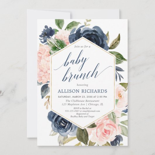 Blush roze en marineblauw meisje baby brunch douch kaart (Voorkant)