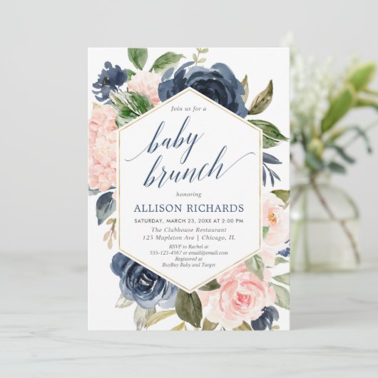Blush roze en marineblauw meisje baby brunch douch kaart (Staand voorkant)
