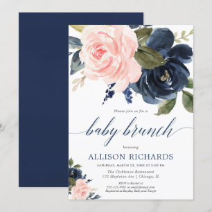Blush roze en marineblauw meisje baby brunch douch kaart