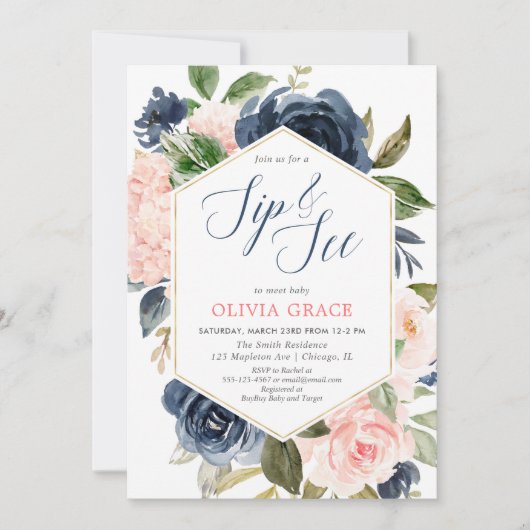 Blush roze en marineblauw meisje sip en zie floraa kaart (Voorkant)