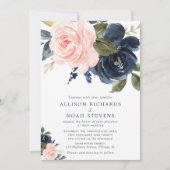 Blush roze en marineblauw roos boho bruiloft kaart (Voorkant)