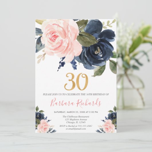 Blush roze en marineblauwe bloemen 30e verjaardag kaart (Staand voorkant)