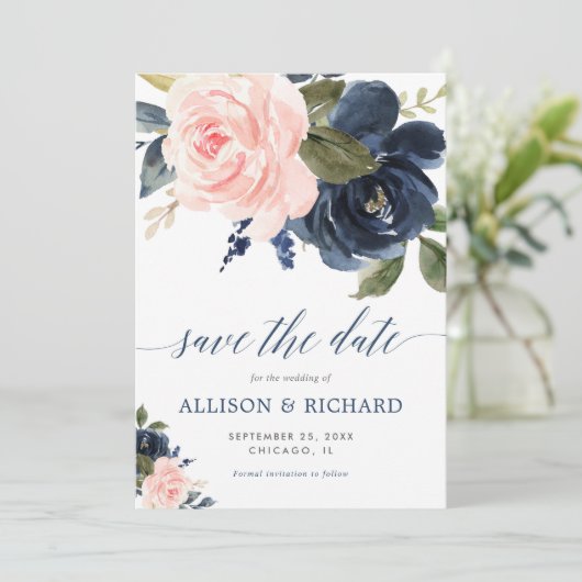 Blush roze en marineblauwe bloemen slaan de datum kaart (Staand voorkant)
