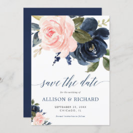 Blush roze en marineblauwe bloemen slaan de datum kaart