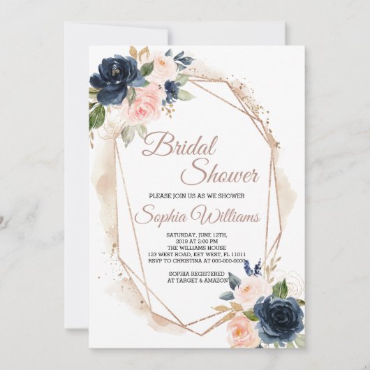 Blush Roze en marinebridal Shower Invitation Kaart (Voorkant)