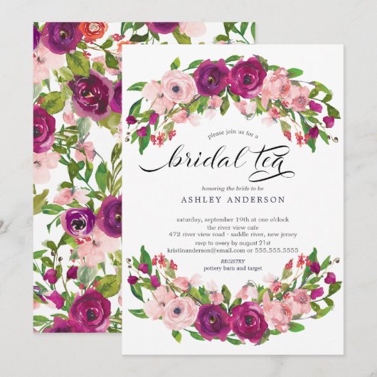 Blush Roze en Marsala Floral Bridal Tea Kaart (Voorkant / Achterkant)