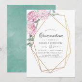 Blush roze en Mint Geometric Floral Quinceañera Kaart (Voorkant / Achterkant)