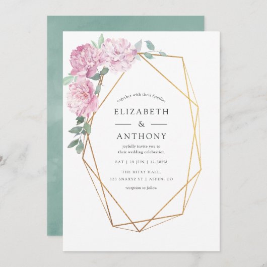 Blush roze en Mint Geometric Floral Wedding Kaart (Voorkant / Achterkant)
