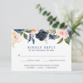 Blush roze en navy blauw bloemenwaterverven RSVP Kaart (Staand voorkant)