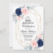 Blush Roze en Navy Blue Floral 80 verjaardag Kaart (Voorkant)