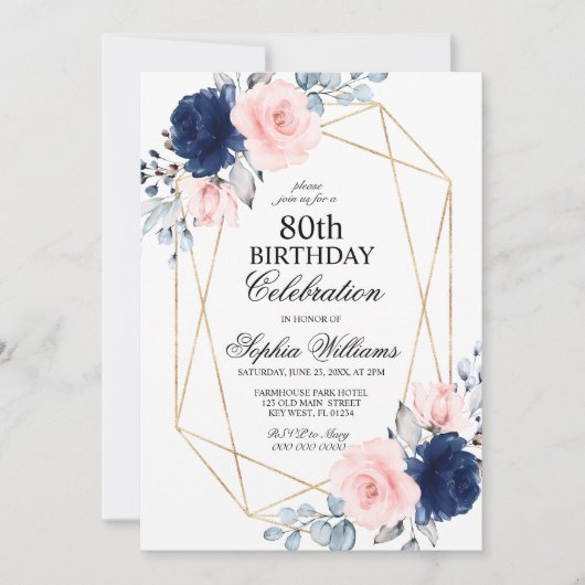 Blush Roze en Navy Blue Floral 80 verjaardag Kaart (Voorkant)