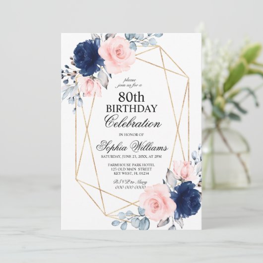 Blush Roze en Navy Blue Floral 80 verjaardag Kaart (Staand voorkant)