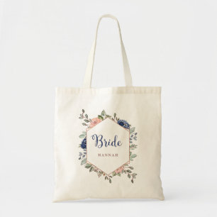 Blush roze en Navy Blue Floral Geometric Bride Tote Bag