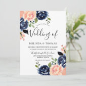 Blush roze en Navy Blue Flowers Modern Wedding Kaart (Staand voorkant)