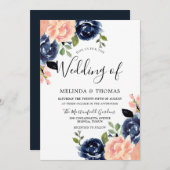 Blush roze en Navy Blue Flowers Modern Wedding Kaart (Voorkant / Achterkant)