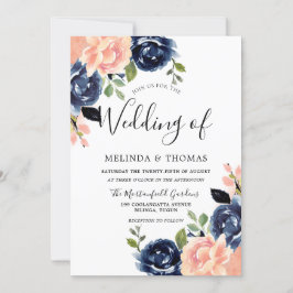 Blush roze en Navy Blue Flowers Modern Wedding Kaart