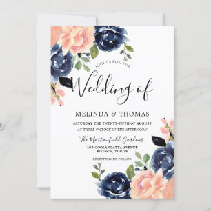 Blush roze en Navy Blue Flowers Modern Wedding Kaart
