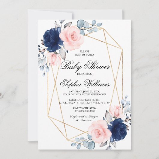 Blush Roze en Navy Blue Roos Baby shower Kaart (Voorkant)