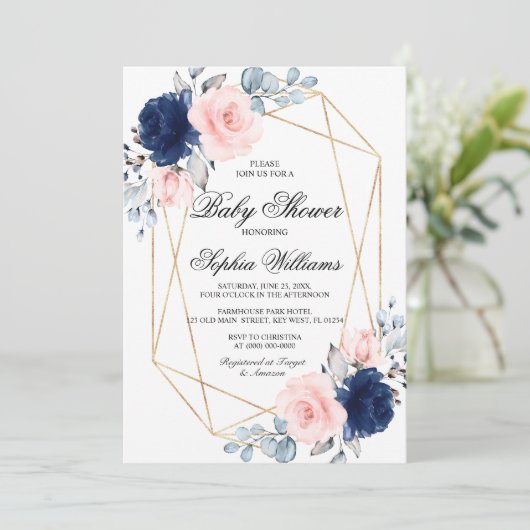 Blush Roze en Navy Blue Roos Baby shower Kaart (Staand voorkant)